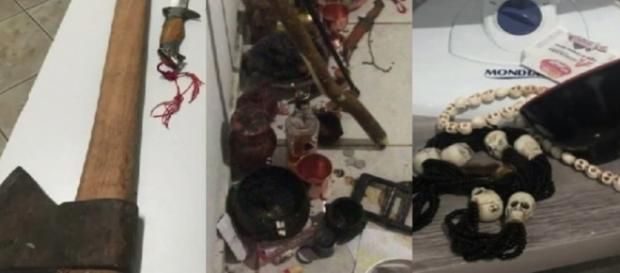 Esses objetos foram encontrados na casa do suspeito (Foto: Reprodução/TV Anhanguera) Esses objetos foram encontrados na casa do suspeito (Foto: Reprodução/TV Anhanguera)