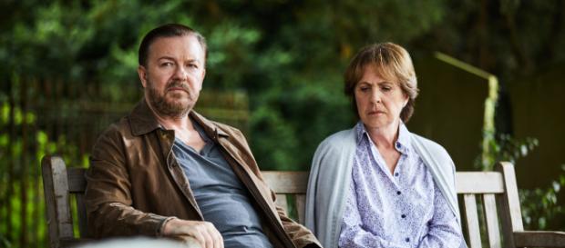 Rick Gervais em cena como o viúvo Tony da série 'After Life' (Divulgação/Netflix) Rick Gervais em cena como o viúvo Tony da série 'After Life' (Divulgação/Netflix)