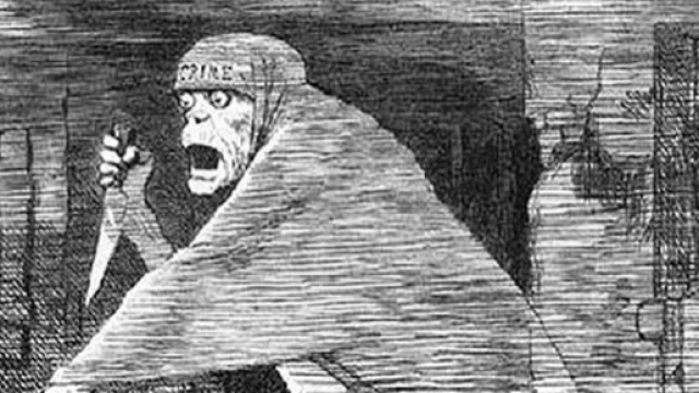 Le fantôme de Jack l'éventreur. Caricature parue dans le magazine Punch en 1888. Domaine public