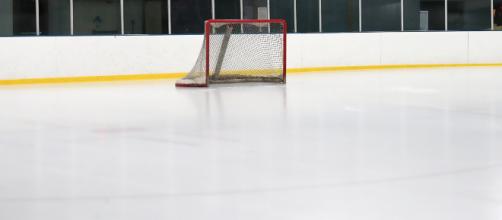 An ice hockey net set up on a rink. [Image via hfromnc - Pixabay]