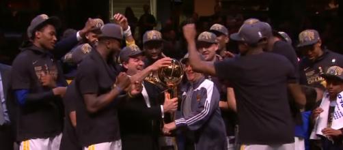 The Warriors celebrating their championship win in 2018. [image source: ESPN- YouTube]