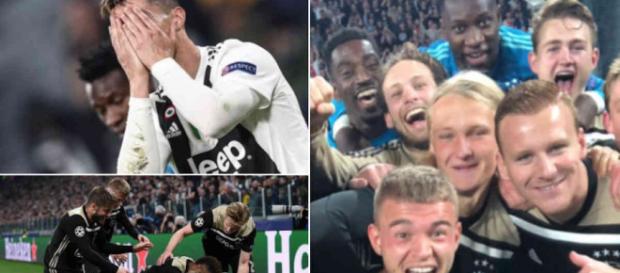 Cristiano Ronaldo disperato, mentre i giovani calciatori dell'Ajax esultano Cristiano Ronaldo disperato, mentre i giovani calciatori dell'Ajax esultano