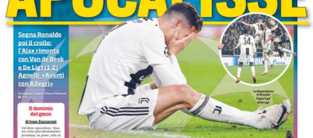 AjaxCristiano Ronaldo caiu na junto com a Juventus na Liga dos Campeões. (Reprodução/Twitter/@corsport) AjaxCristiano Ronaldo caiu na junto com a Juventus na Liga dos Campeões. (Reprodução/Twitter/@corsport)