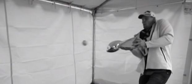 Rob Gronkowski damaged the Lombardi Trophy after using it as a bat (Image Credit: New England Patriots/YouTube) Rob Gronkowski damaged the Lombardi Trophy after using it as a bat (Image Credit: New England Patriots/YouTube)