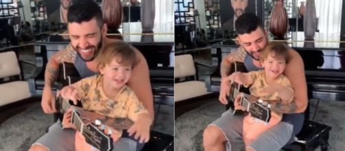O cantor se diverte tocando um de seus sucessos para o herdeiro. (Reprodução/Instagram/@gusttavolima)