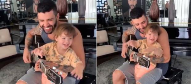 O cantor se diverte tocando um de seus sucessos para o herdeiro. (Reprodução/Instagram/@gusttavolima) O cantor se diverte tocando um de seus sucessos para o herdeiro. (Reprodução/Instagram/@gusttavolima)