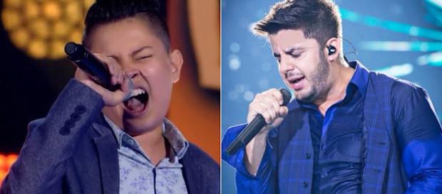 Cantor mirim se emocionou ao citar o sertanejo. (Divulgação/Rede Globo - The Voice Kids / Divulgação/ DVD Cristiano Araújo) Cantor mirim se emocionou ao citar o sertanejo. (Divulgação/Rede Globo - The Voice Kids / Divulgação/ DVD Cristiano Araújo)