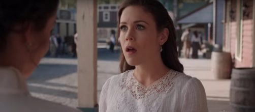 Elizabeth (Erin Krakow) doesn't hide her surprise over how an oil strike affects life on 'When Calls the Heart.' - [Hallmark / YouTube screencap]