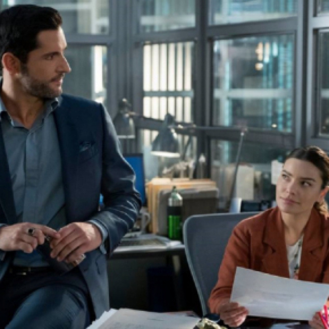 Lucifer (Tom Ellis) and Chloe (Lauren German) for "Lucifer" Season 4.