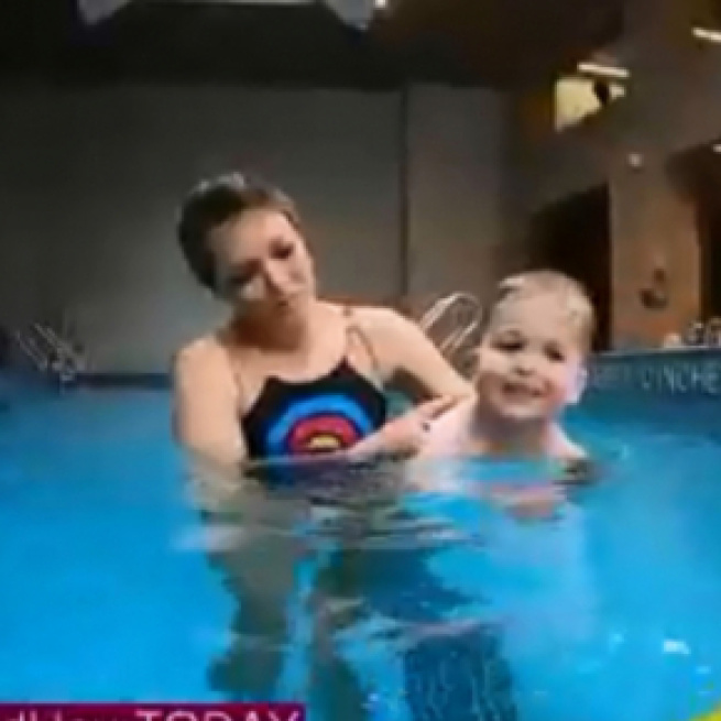 'Today' co-host Dylan Dreyer takes swim lessons with her son, Calvin, and shares pool safety with everyone. [Image source: Today/YouTube]