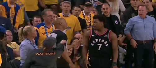 Kyle Lowry talks to the referee following a fan incident in Wednesday night's NBA Finals Game 2. [Image via NBA on ESPN/YouTube]