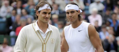 Roger Federer e Rafa Nadal poco prima della finale di Wimbledon del 2008