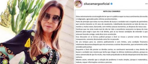 Zilu Camargo reafirmou ter sido enganada pelo ex-marido em partilha de bens. (Reprodução/Instagram/@zilucamargooficial)