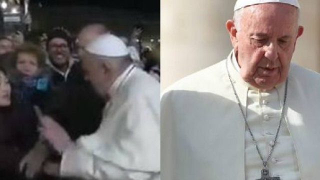 E' diventato virale il video del Papa strattonato da una fedele: irritato, le ha dato due colpetti su una mano.