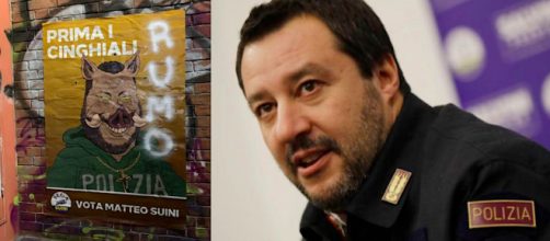 Il manifesto comparso per le strade di Torino a sinistra, Matteo Salvini a destra.
