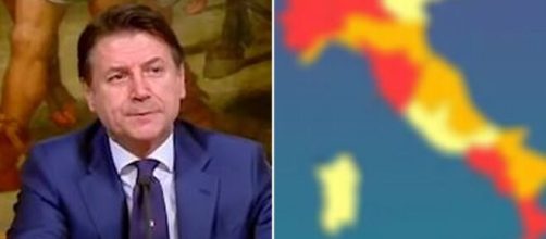 Giuseppe Conte e l'Italia divisa in varie zone.