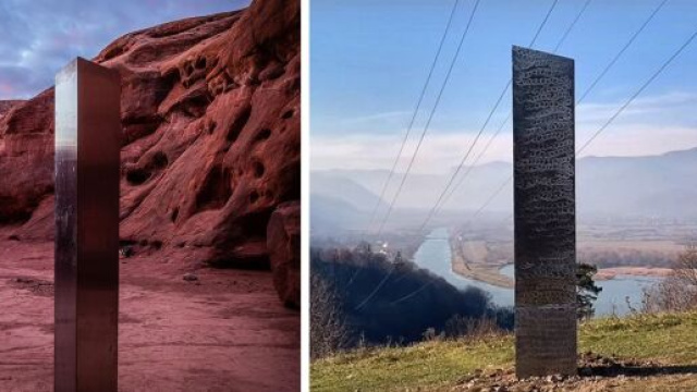 Le monolithe découvert dans l'Utah (gauche) et celui de Roumanie (droite). ©Patrick A. Mackie/Capture vidéo YouTube