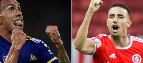 Tevéz e Thiago Galhardo são as principais esperanças de gols para Boca Juniors e Internacional. (Fotomontagem)