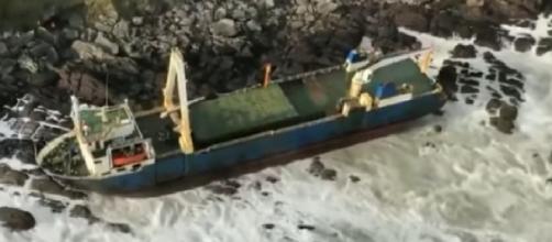 Ghost ship washes up on Irish coast after Storm Dennis. [Image source/Guardian News YouTube video]