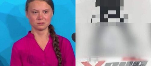 Greta Thunberg e l'adesivo oggetto delle polemiche sui social.