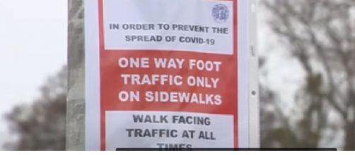 One-way sidewalks unveiled in Beverly to fight coronavirus. [Image source/WCVB Channel 5 Boston YouTube video]