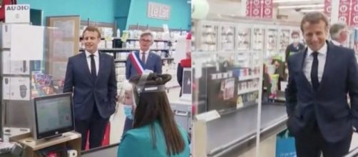 Coronavirus : Macron visite un supermarché et semble perdu. Credit : TMC Capture