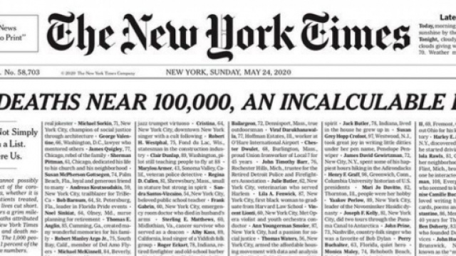 Il quotidiano statunitense New York Times dedica la prima pagina alle vittime del Covid-19