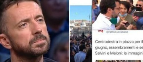 Andrea Scanzi pubblica una foto della manifestazione del centro-destra a Roma parlando del mancato rispetto del distanziamento sociale.