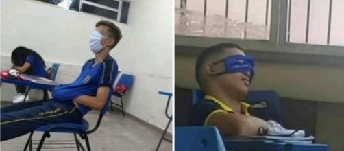 Imagens de alunos de Manaus usando máscaras nos olhos viralizaram nas redes sociais. (Reprodução/Redes Sociais)