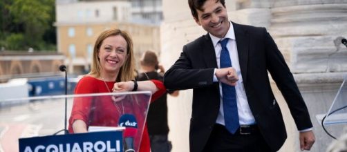 Francesco Acquaroli candidato alla presidenza della Regione Marche e la leader di Fratelli d'Italia Giorgia Meloni.