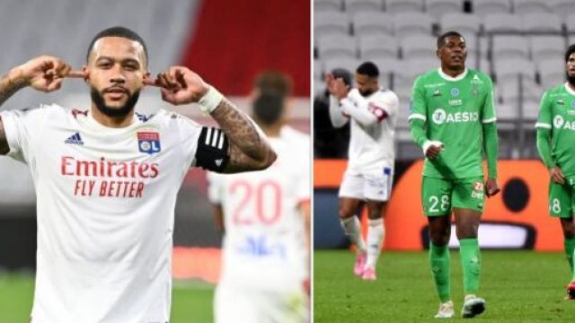 OL/ASSE: le tacle de Memphis Depay aux stéphanois avant le derby fait enrager les verts. Montage photo
