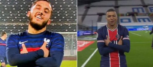 Rayan Cherki célèbre son but comme Kylian Mbappé (capture YouTube et montage photo)