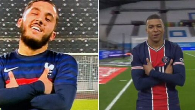 Rayan Cherki célèbre son but comme Kylian Mbappé (capture YouTube et montage photo)
