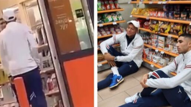Kylian Mbappé et Achraf Hakimi au supermarché de Trappes (capture YouTube et montage photo)