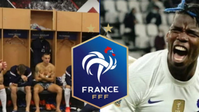 Deschamps et Pogba ont pris la parole dans les vestiaires à la pause de France-Belgique. (crédit Twitter)