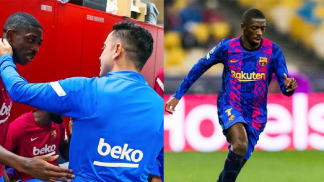 Ousmane Dembélé et Xavi dans le vestiaire du Barça. (crédit Twitter)
