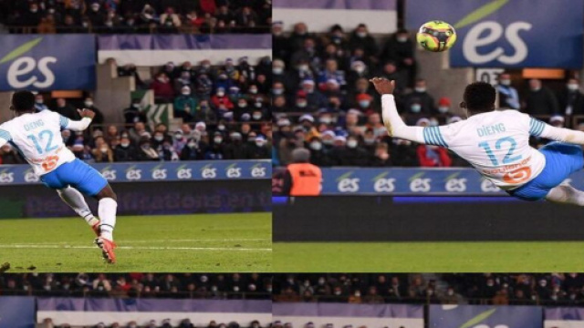 Le retourné de Bamba Dieng qui a permis à l'OM de prendre l'avantage face à Strasbourg - Source : Twitter