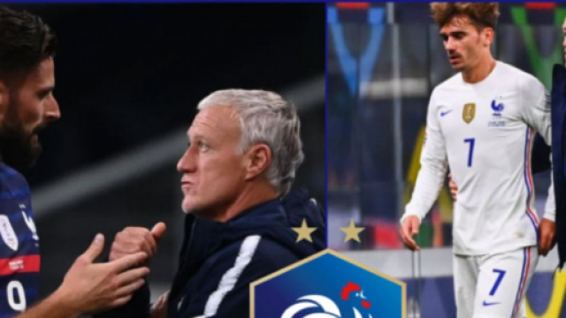 Olivier Giroud, Antoine Griezmann et Didier Deschamps.