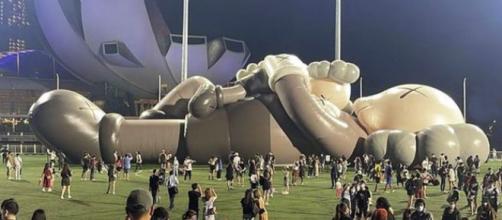 A 42m-long inflatable artwork by artist Kaws is seen at The Float at Marina Bay in Singapore (Image source: Instagram/@kaws)