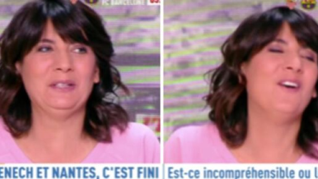 Estelle Denis n'a pu s'empêcher de rire au moment de parler de l'éviction de Raymond Domenech. ©Capture L'Equipe
