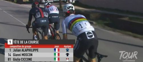 La fuga con Alaphilippe, Ciccone e Moscon