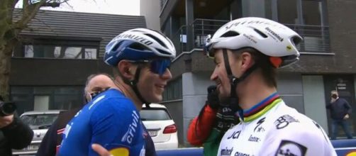 Davide Ballerini e Julian Alaphilippe al termine della Het Nieuwsblad.