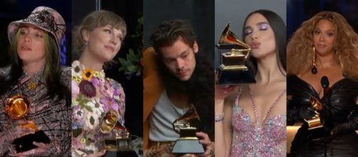 Da sinistra: Billie Eilish, Taylor Swift, Harry Styles, Dua Lipa e Beyonce ai Grammy 2021.