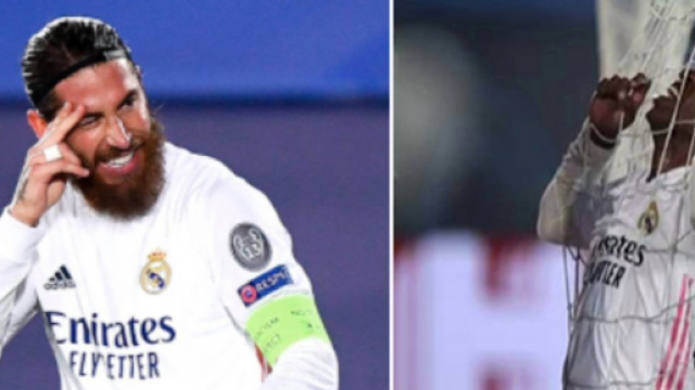 La réaction de Sergio Ramos après un raté de Vini jr. Crédit photo Twitter Actufoot_ et Twitter Marca