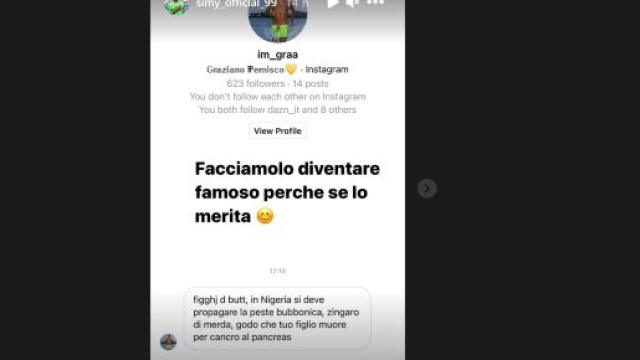 Insulti a Simy. Il giocatore pubblica sul web il commento ricevuto.