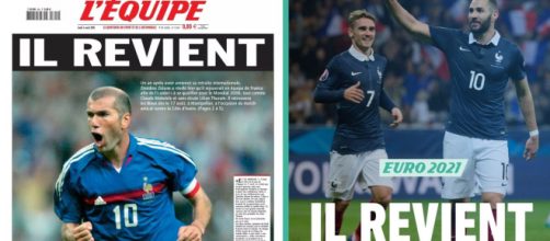 La même Une du quotidien sportif pour Zinédine Zidane (2005) et Karim Benzema (2021) - Source : Montage L'Équipe