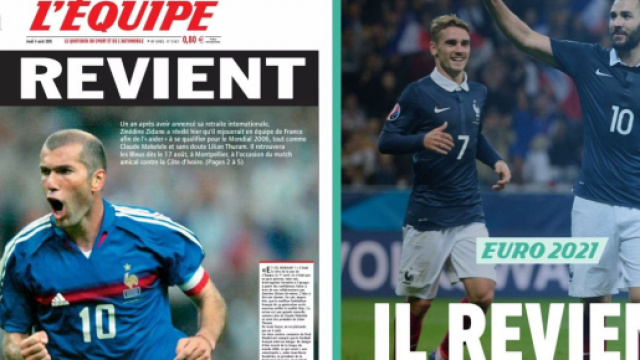 La même Une du quotidien sportif pour Zinédine Zidane (2005) et Karim Benzema (2021) - Source : Montage L'Équipe