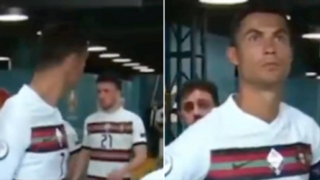 Ronaldo agacé par Diogo Jota à la pause de Portugal vs Hongrie. (crédit photo capture d'écran vidéos Twitter)