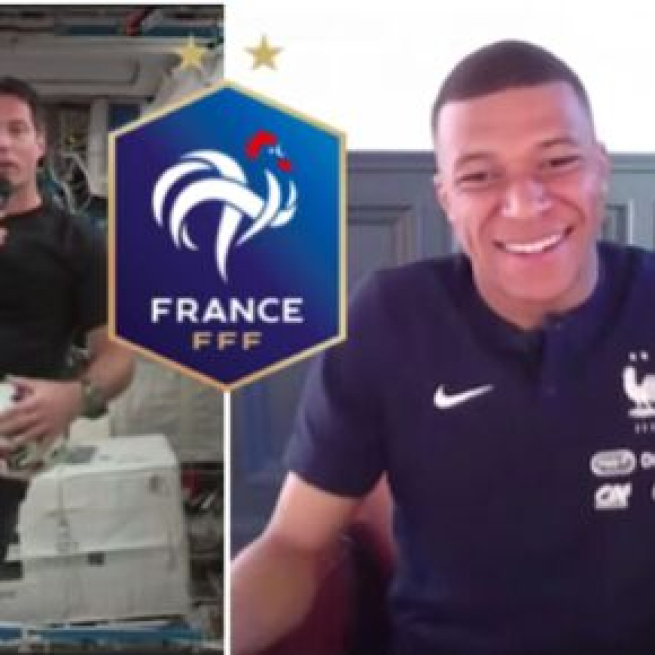 Kylian Mappé et Thomas Pesquet se parlent avant l’Euro capture d'écran vidéo YouTube et Logo wikipedia FFF ok