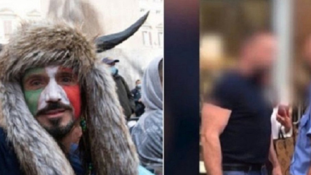 A sinistra Hermes Ferrari in versione 'sciamano italiano', a destra durante il diverbio con le guardie giurate dell'outlet Fidenza Village.